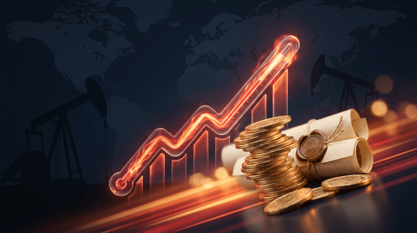 A dramatic upward-sloping line graph in fiery red rendered as if it's a rising flame or mercury thermometer, overlaid on a dark navy background dotted with subtle oil rig silhouettes and a faint world map to evoke global bond markets.