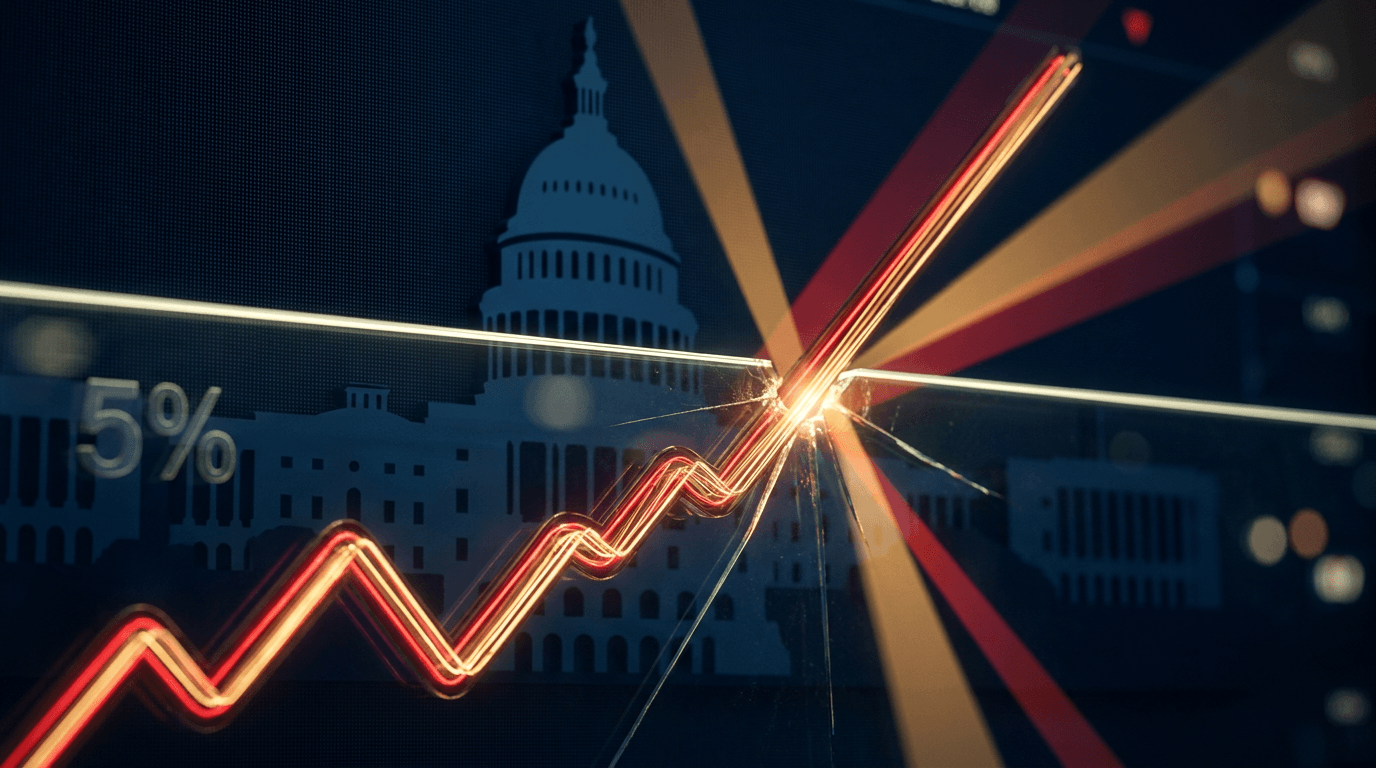 A dramatic upward-arcing line graph glowing in red and gold, breaking through a bold "5%" threshold marker against a dark navy background evoking financial data screens.