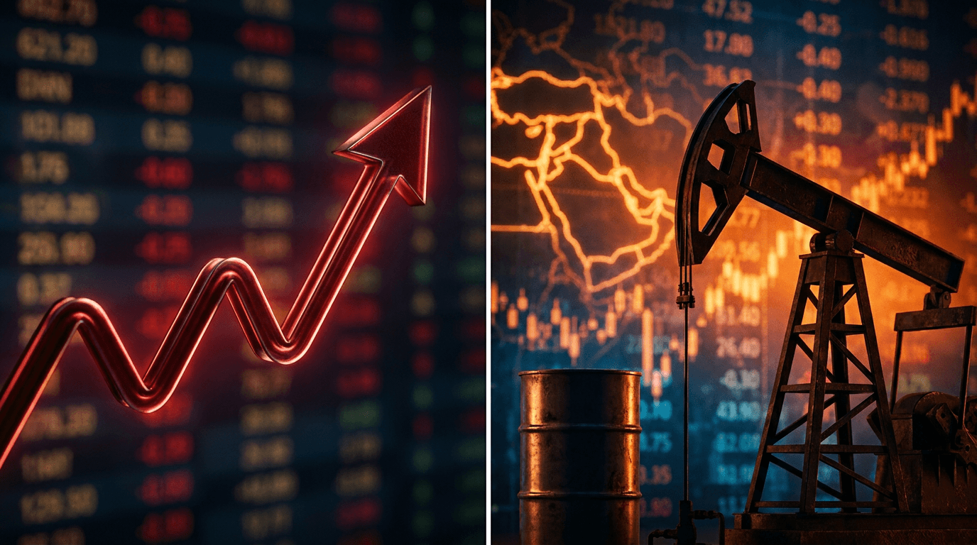 A split-composition image with a sharply rising red arrow or line graph on one side representing surging Treasury yields, and an oil pump jack or barrel silhouette on the other side against a backdrop of a stock ticker or financial chart.