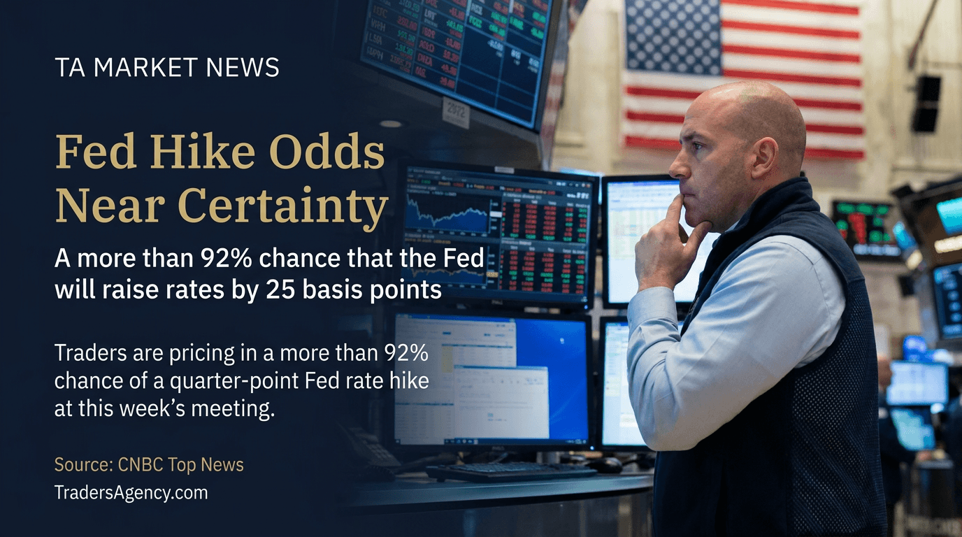 A trader watches multiple financial screens intently on an exchange floor, reflecting the tension ahead of the Fed's rate decision.