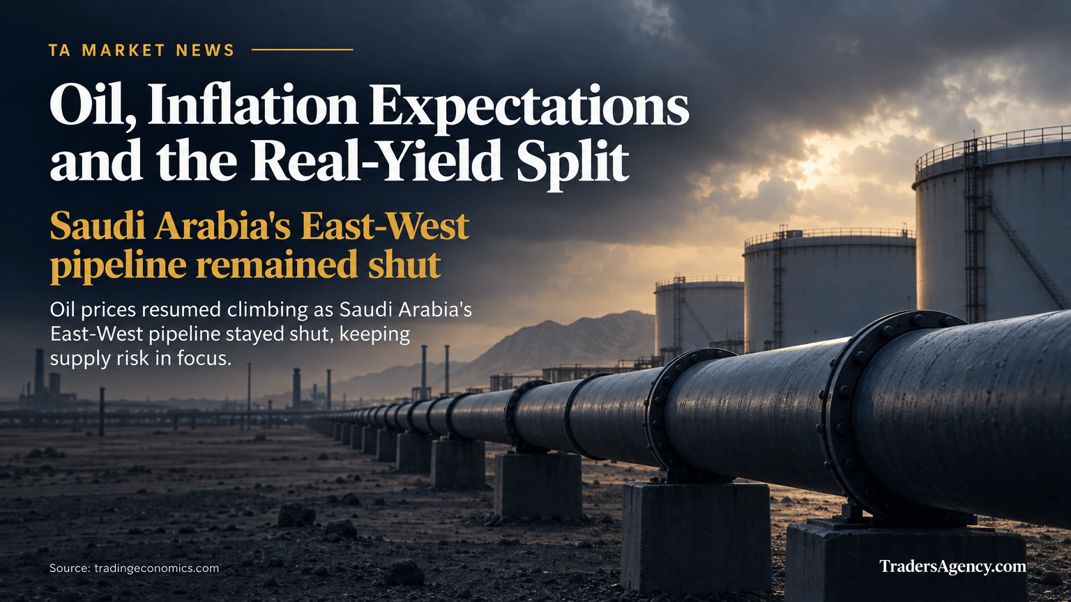An industrial pipeline and storage terminal under overcast skies, evoking energy-supply disruption.