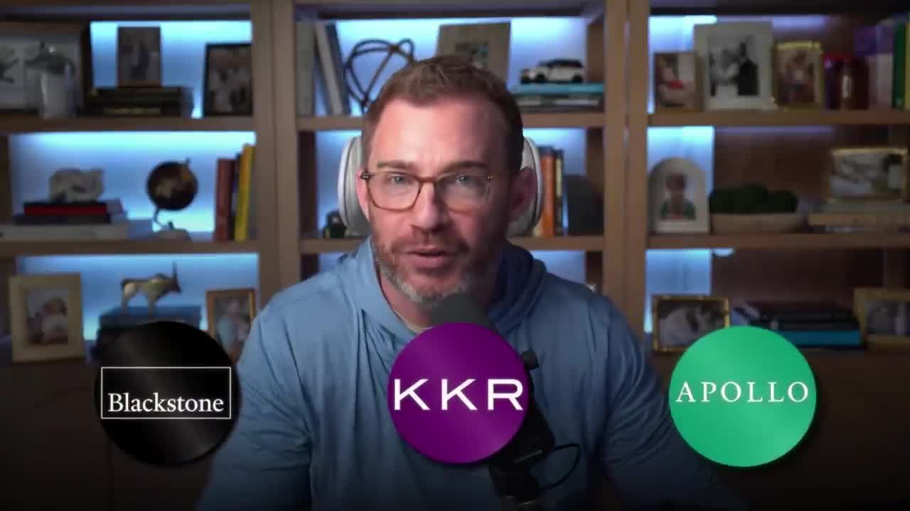 Logos for major private equity firms Blackstone, KKR, and Apollo Global displayed on screen