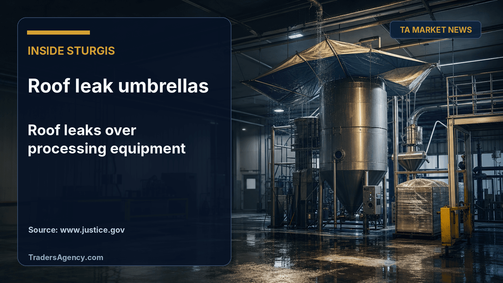 Illustration of an industrial spray-dryer with a tarp rigged overhead to catch dripping water in a factory setting.