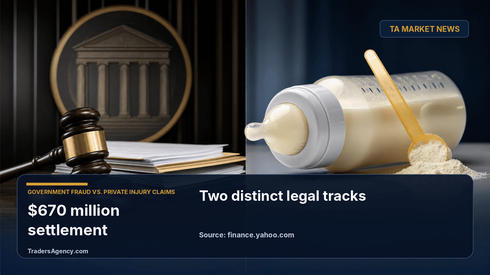 Split illustration showing a courtroom gavel on one side and an infant formula bottle and scoop on the other.