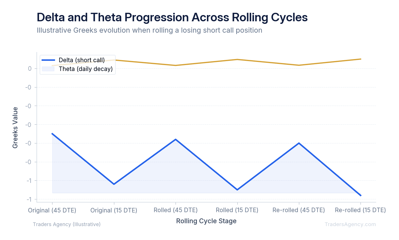 Multi-line chart showing delta and theta changes across three rolling cycles as expiration approaches