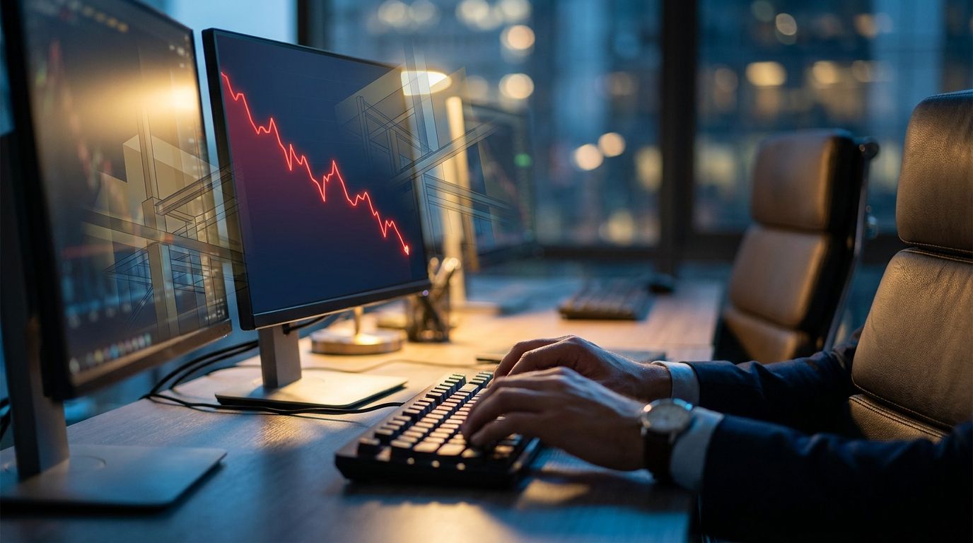 A trader sits at a multi-monitor setup in a dimly lit room, with one screen displaying a sharp red downward-trending options chart while their hands hover confidently over the keyboard, suggesting active intervention rather than panic.