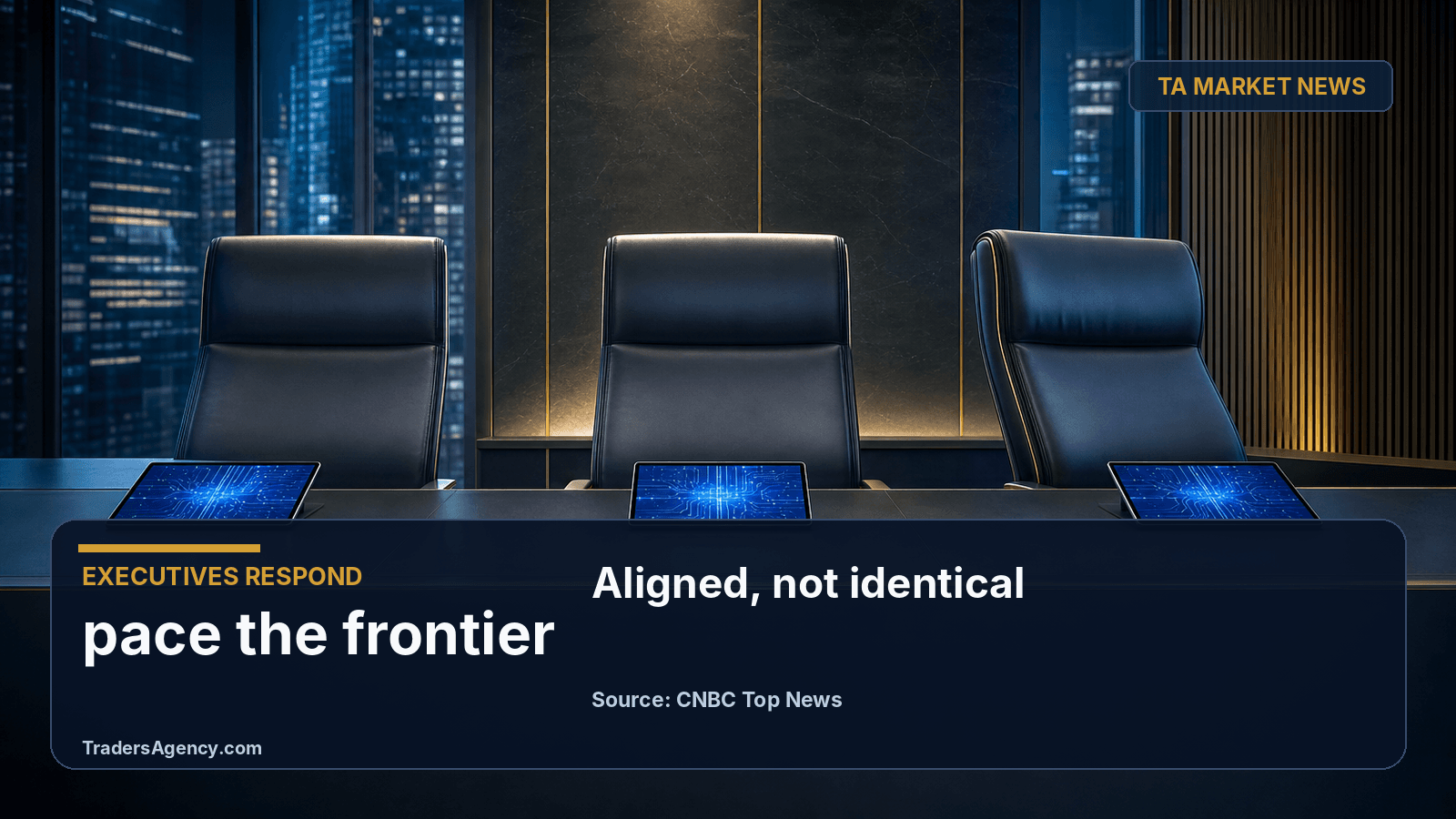 Illustration of three empty conference chairs with glowing abstract screens representing aligned AI executives.
