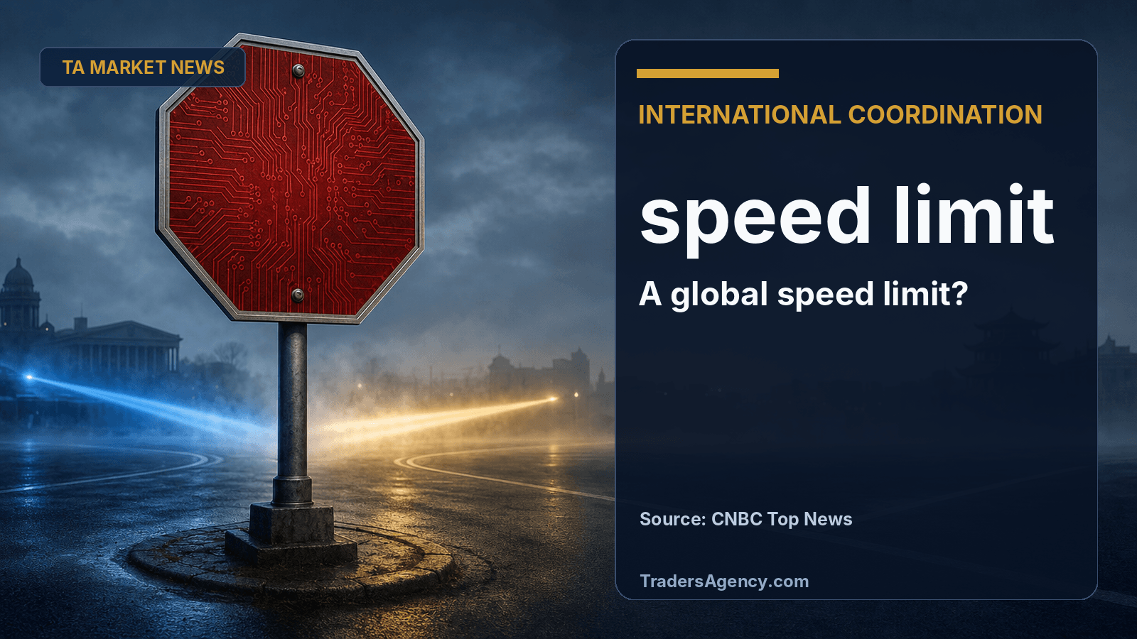 Illustration of a circuit-patterned speed-limit sign at a foggy crossroads with two colored light beams converging.