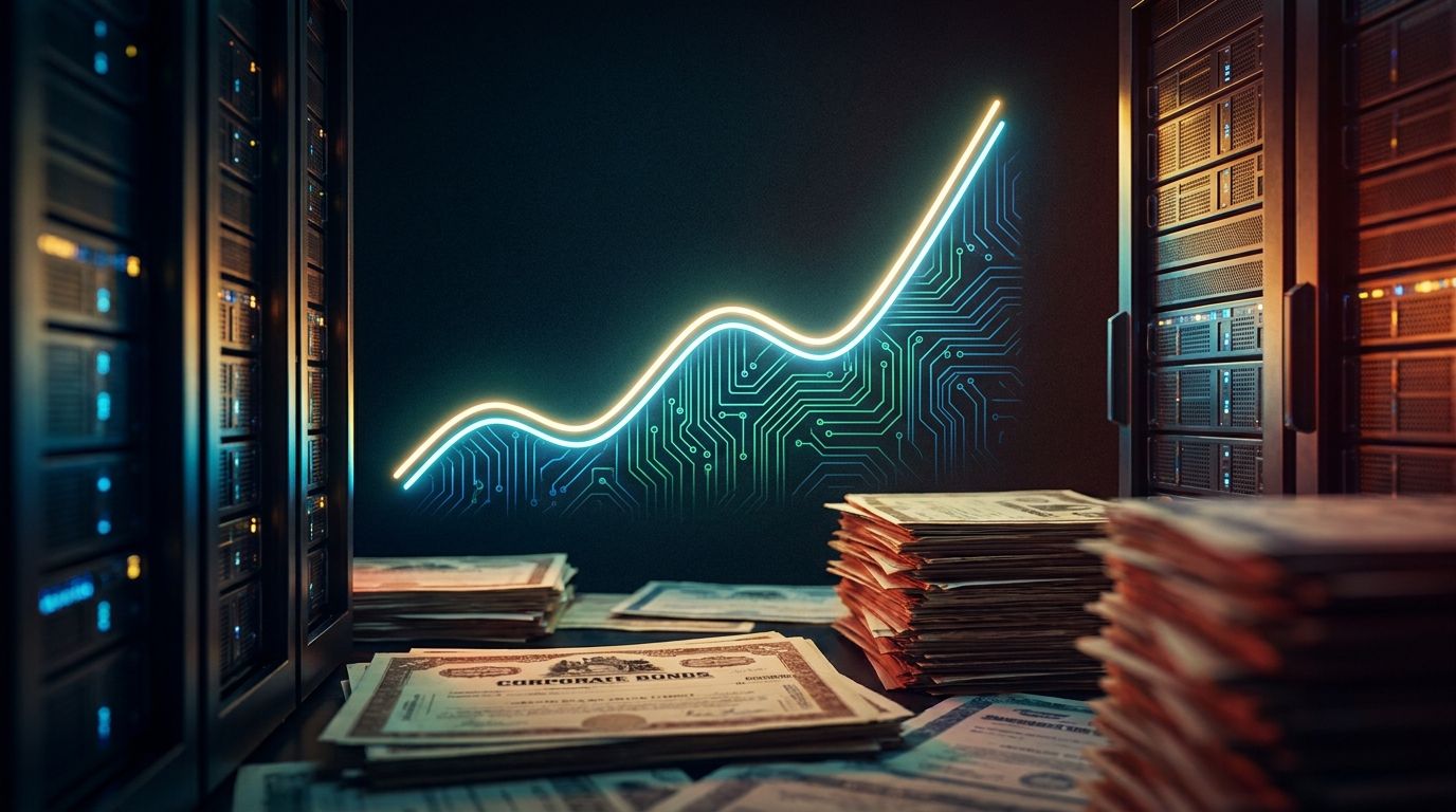 A dramatic upward-trending yield curve rendered as a glowing neon graph line surges against a dark background, with a circuit board pattern or neural network design embedded within the rising line to symbolize AI technology.