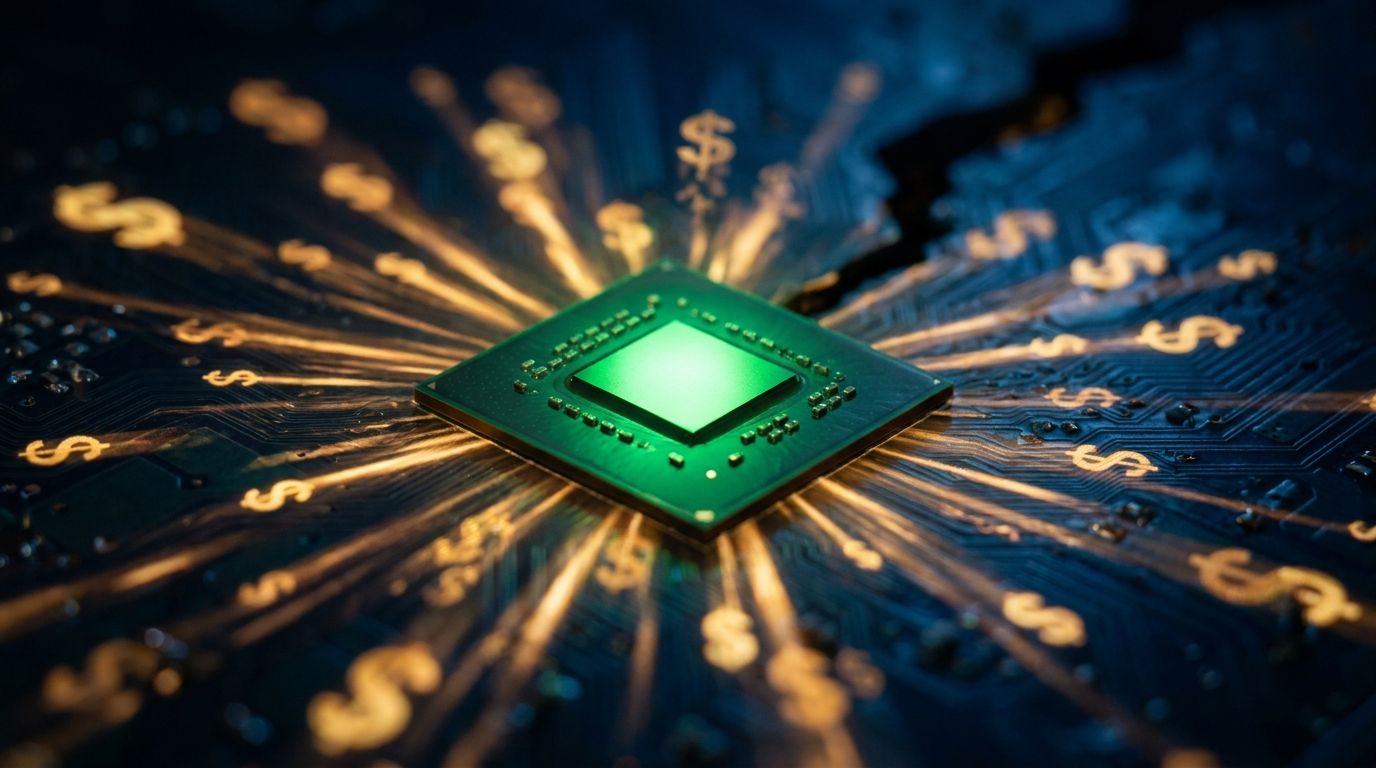 A dramatic close-up of a glowing green Nvidia GPU chip surrounded by cascading streams of golden light or dollar signs dissolving into circuit board pathways, set against a deep black background.