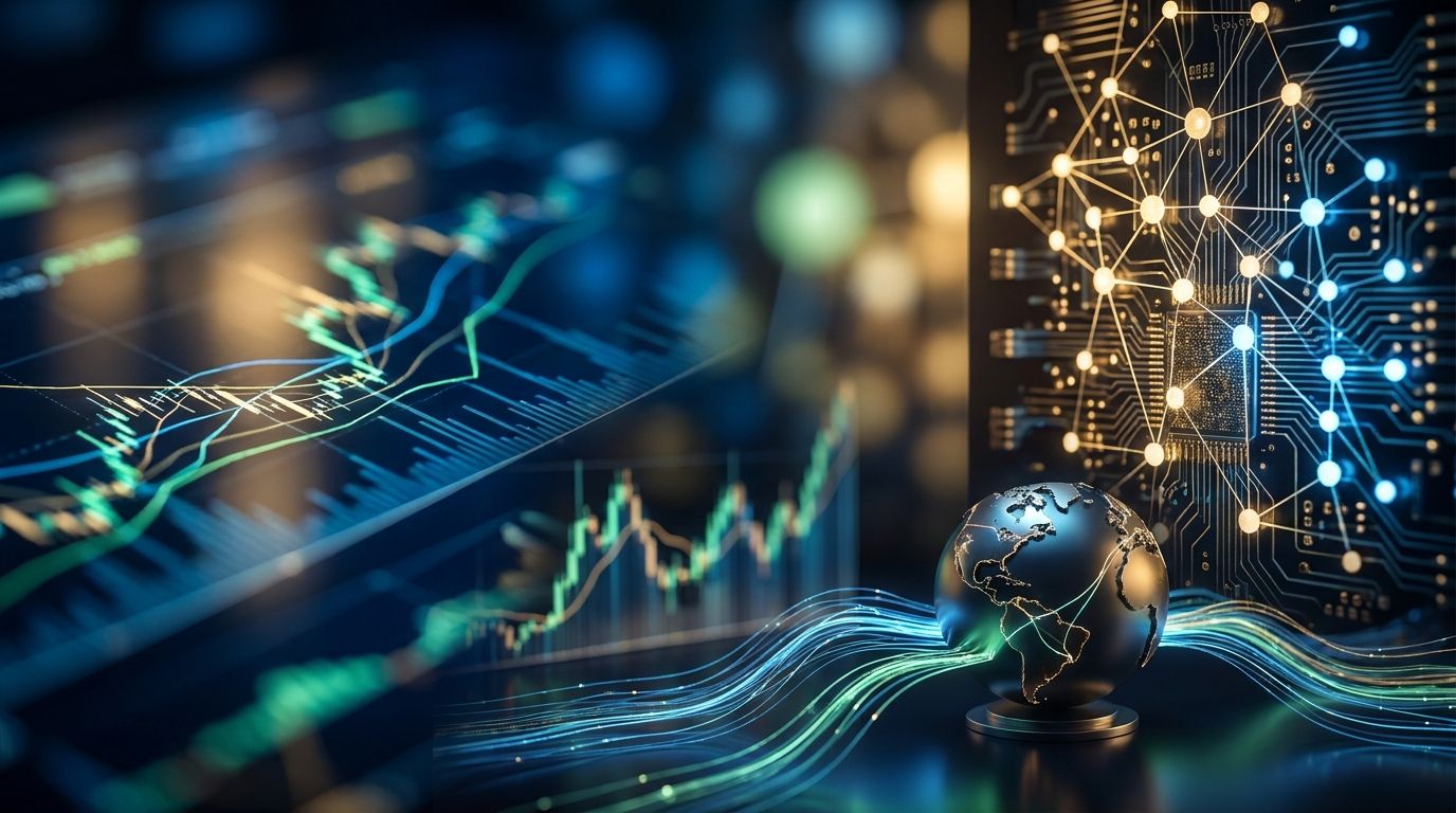 A split-screen visual shows a dynamic forex trading dashboard with currency pair charts (USD, EUR, JPY) on one side, seamlessly merging with glowing neural network nodes and circuit patterns on the other, symbolizing the collision of AI inf