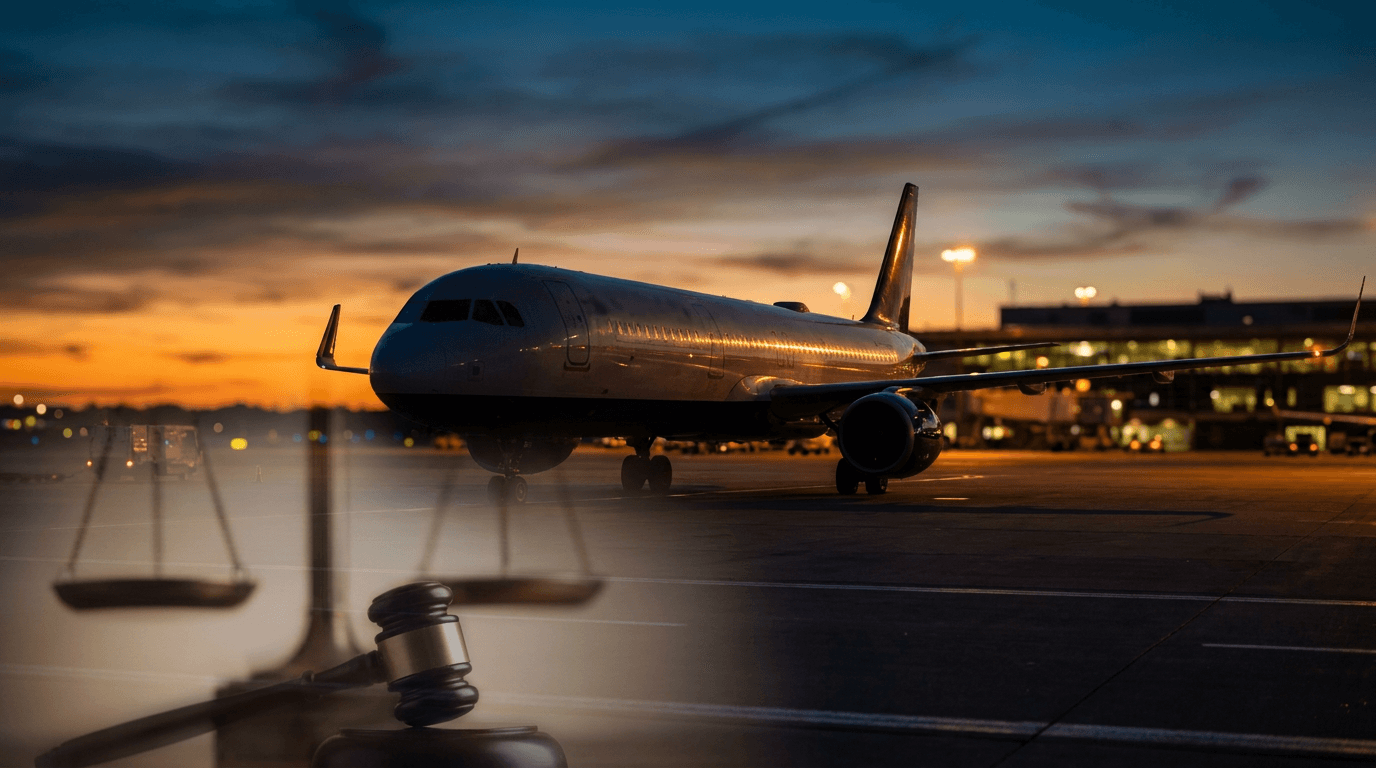 An airBaltic aircraft parked on the tarmac at dusk, its silhouette framed against a dramatic sky that blends warm orange restructuring-themed hues with cool blue tones, symbolizing transition and uncertainty.
