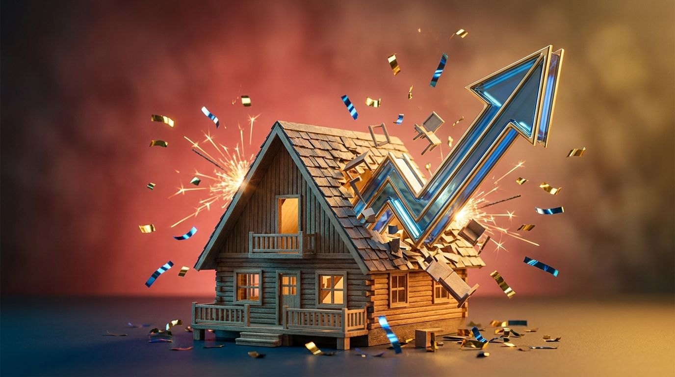 A bold upward-trending stock chart arrow bursting through a miniature Airbnb-style rental home, set against a vibrant gradient background in Airbnb's signature coral-red brand color.