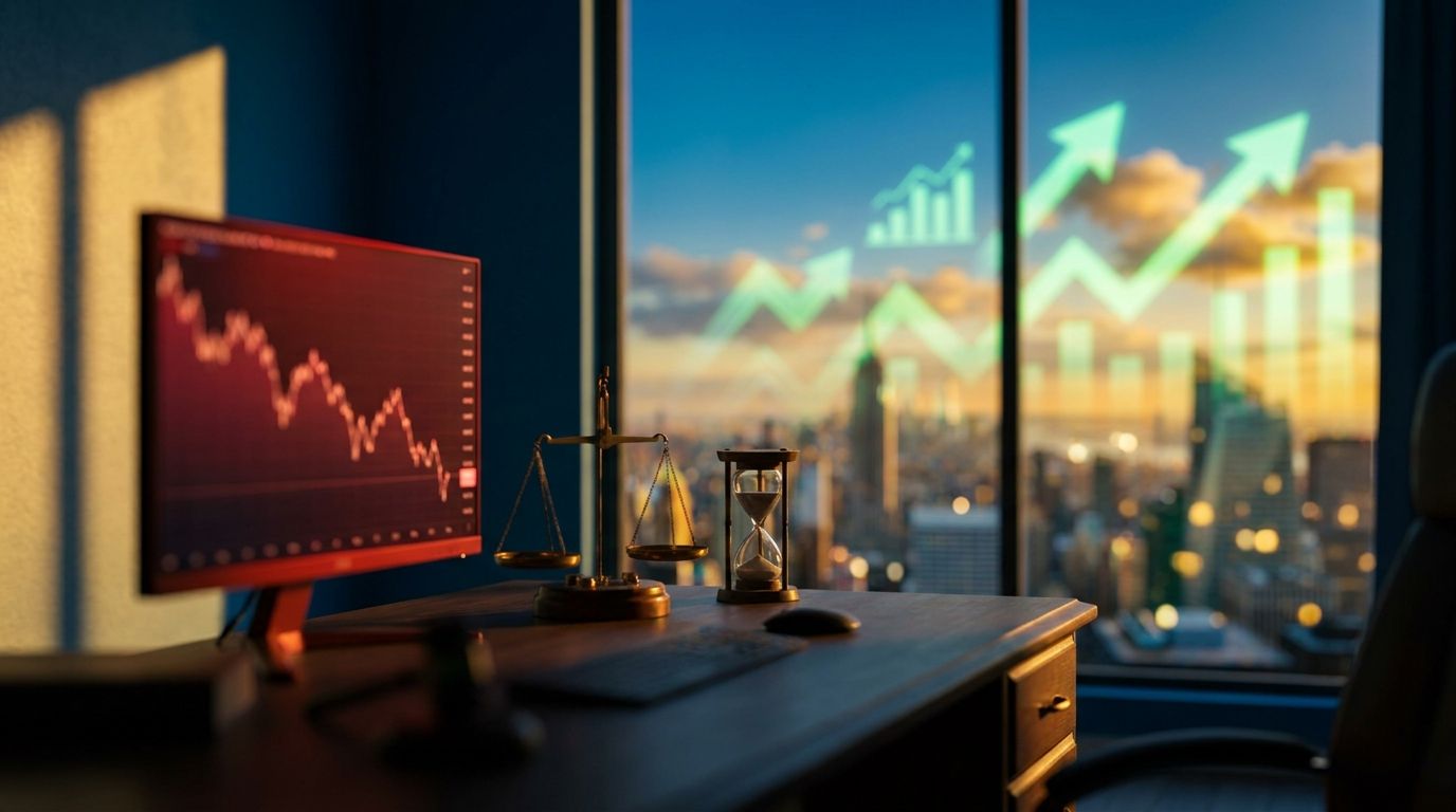 A trader sits frozen at their desk staring at a red-tinged screen showing a downward chart, while through the window behind them the market has visibly turned green and upward — symbolizing the disconnect between perception and reality. The contrast between the trader's backward-looking posture and the forward-moving market outside captures the essence of recency bias and lagging sentiment. The mood should feel tense yet hopeful, with warm light breaking through the window suggesting an emerging