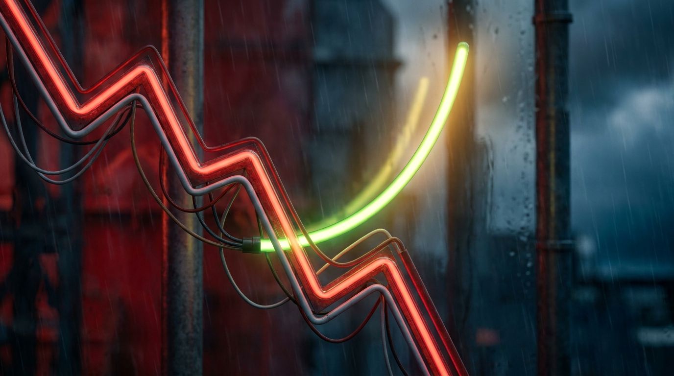 A dramatic stock market chart displaying a sharp downward trend line against a stormy, dark red and grey background, with a single glowing green line breaking upward through the chaos. The contrast between the overwhelming bearish red and the resilient green line visually captures the article's core message — that hidden opportunities emerge even in broad market weakness. The image should feel tense yet hopeful, like a spotlight cutting through darkness.