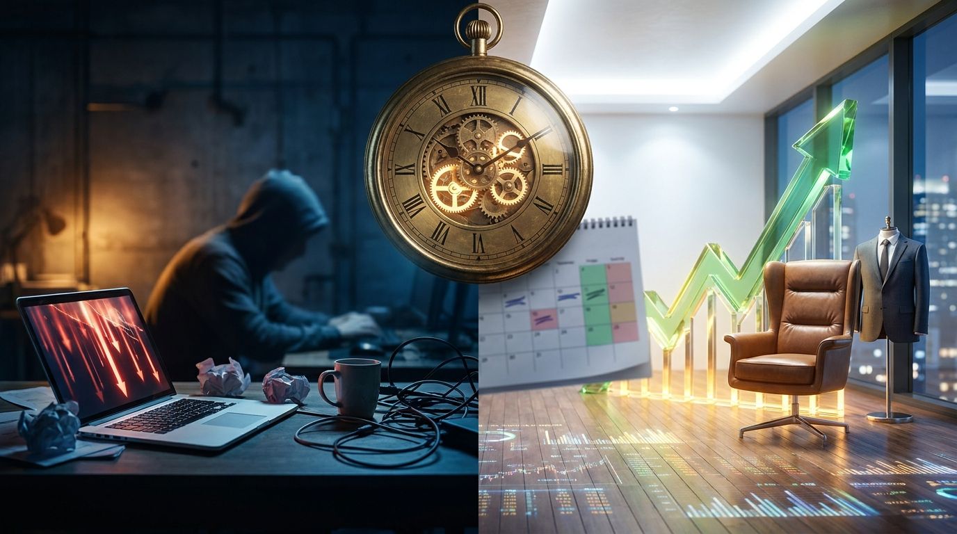 A split-scene image showing two contrasting figures: a frustrated retail trader hunched over a laptop watching red downward arrows, while in the background a confident suited executive walks toward a glowing green upward-trending stock chart. The lighting dramatically divides the scene — dim and chaotic on the retail side, bright and clear on the insider side — visually reinforcing the theme of mistimed panic versus informed conviction. A large clock or calendar element looms overhead, emphasizi