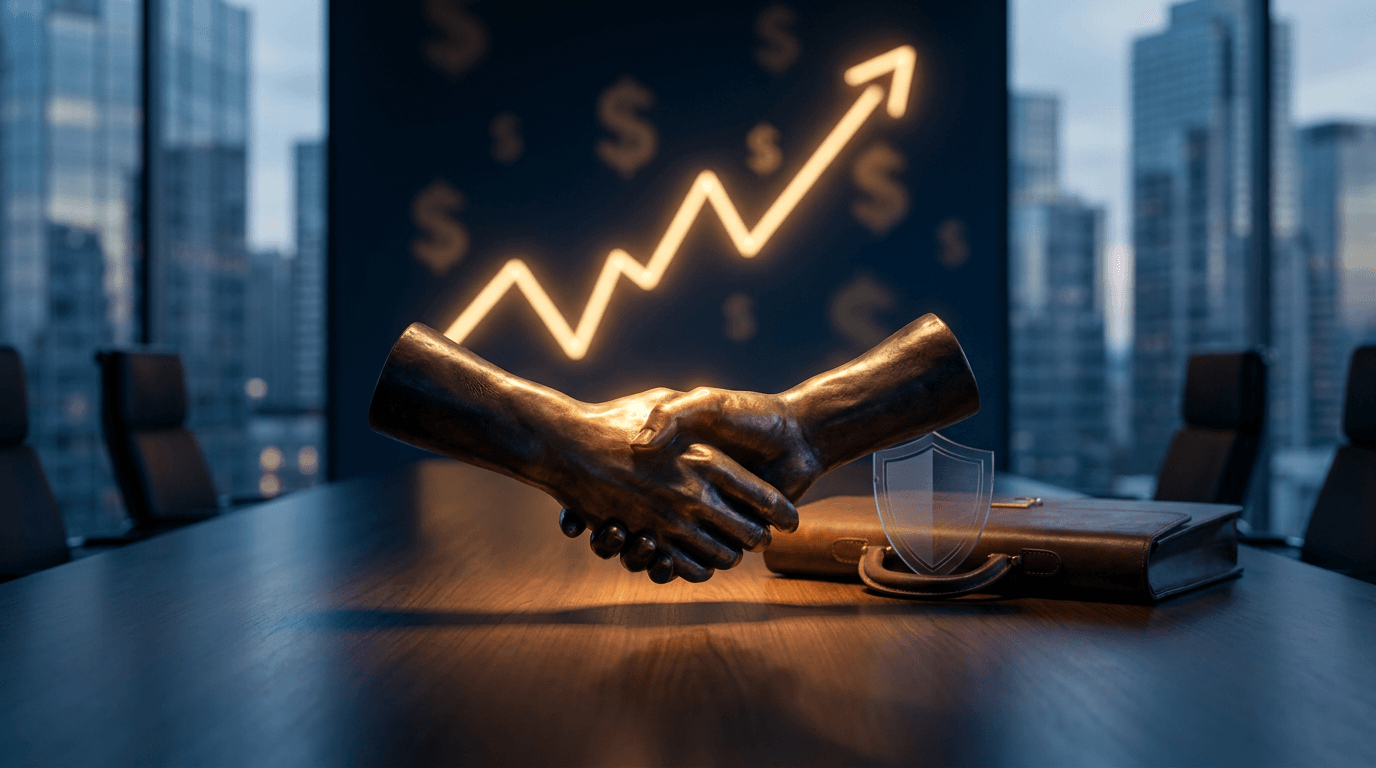 A sleek corporate handshake or deal-closing scene rendered in a modern financial aesthetic: two silhouetted business figures shaking hands against a backdrop of a rising stock chart line and subtle dollar-sign motifs, with a faint insurance