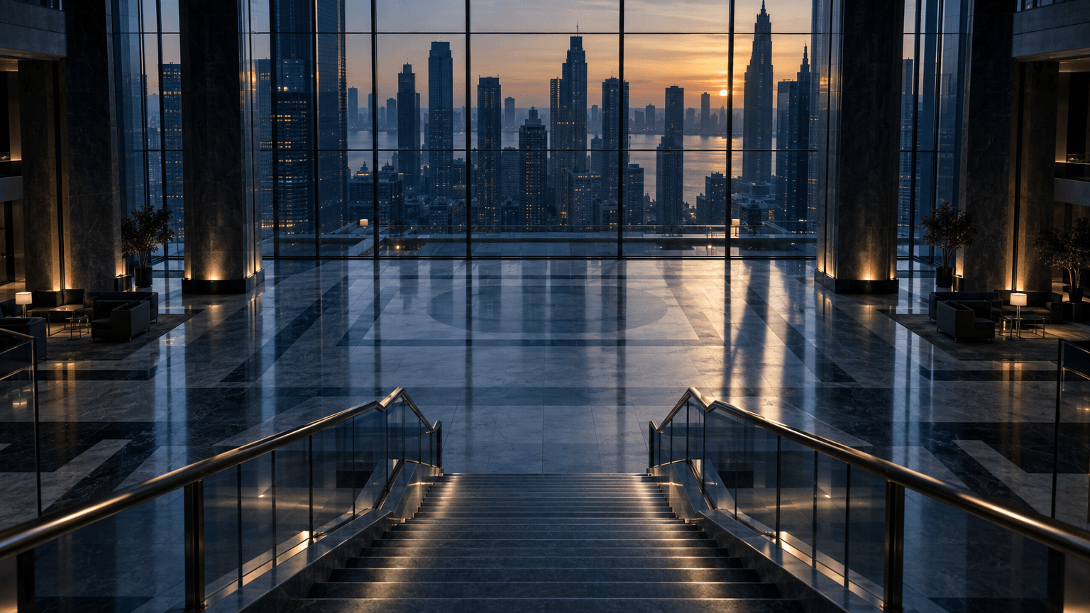 An empty, dimly lit bank headquarters lobby with marble floors and a descending staircase, glass walls reflecting a city skyline at dusk, conveying a quiet slowdown in financial activity.