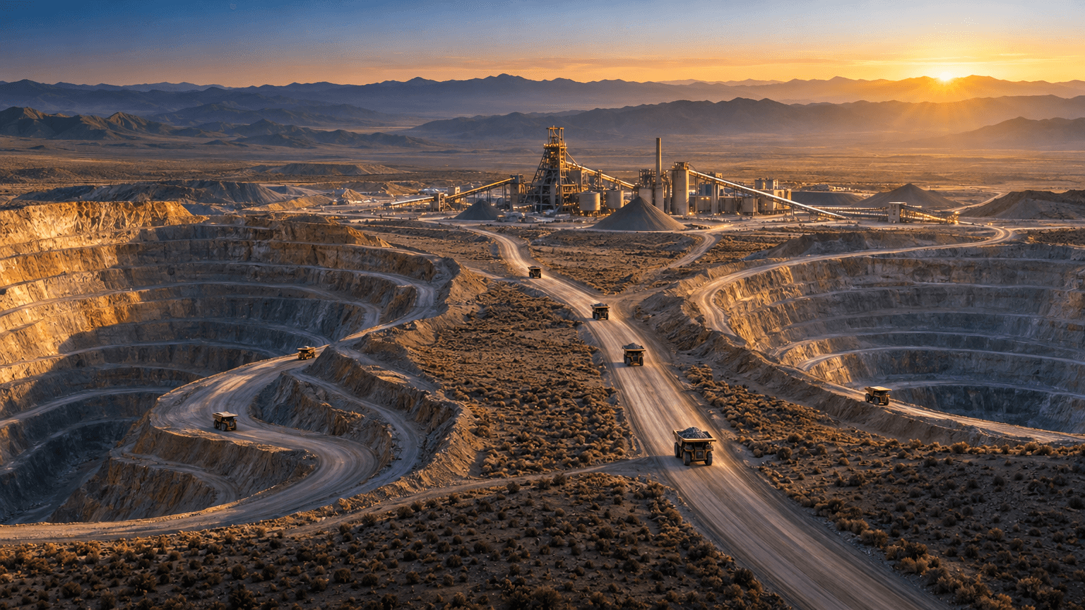 Aerial view at dawn of two large open-pit gold mines in the Nevada desert connected by a single haul road leading to one shared ore-processing facility, symbolizing the merging of separate mining operations into a unified complex.
