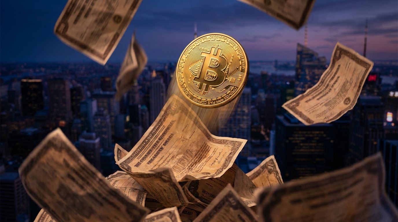 A dramatic upward-shooting Bitcoin symbol or gold coin bursting through a cascade of falling government bond certificates or treasury documents, set against a dark financial backdrop.