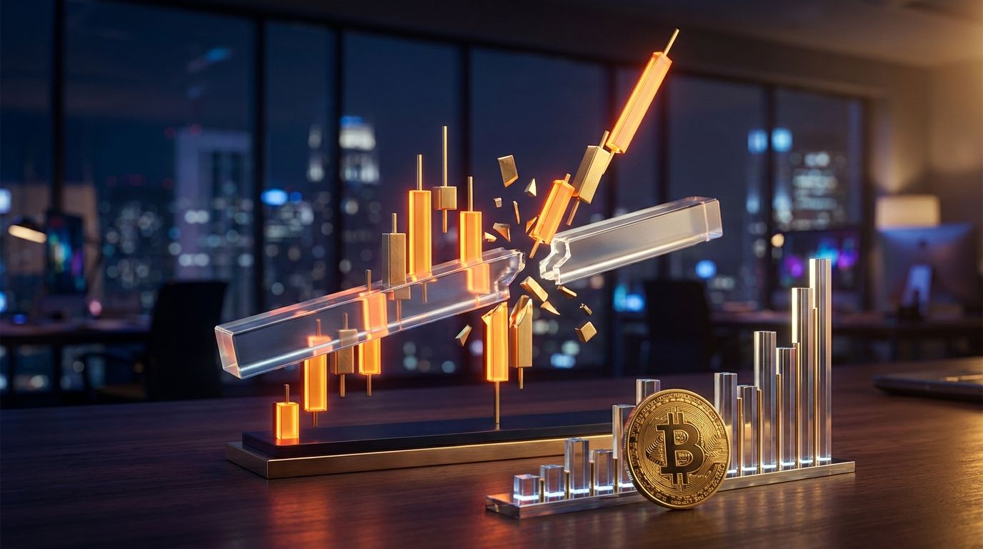 A bold, upward-breaking candlestick chart rendered in electric orange and gold bursts through a glowing resistance line, set against a dark, moody background that evokes the high-stakes world of trading.