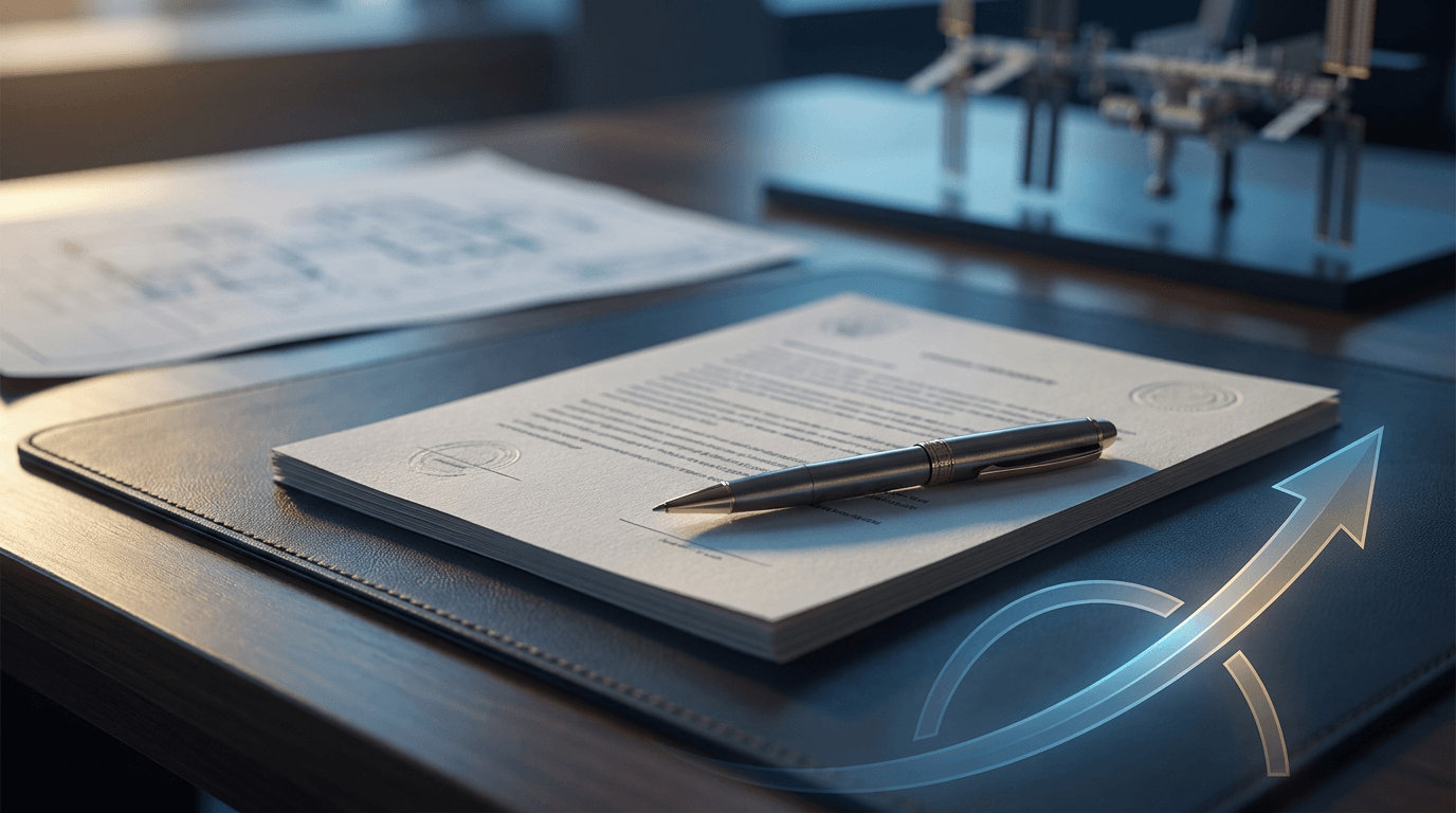 A close-up of a Boeing engineer's hand signing or reviewing a contract document at a desk, with a Boeing aircraft or engineering blueprint visible in the soft-focus background, symbolizing the tentative agreement.