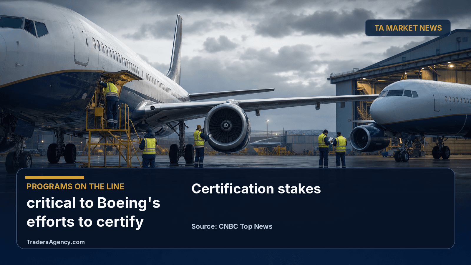 Illustration of technicians inspecting two commercial aircraft on an airfield, representing engineering work tied to jet certification programs.