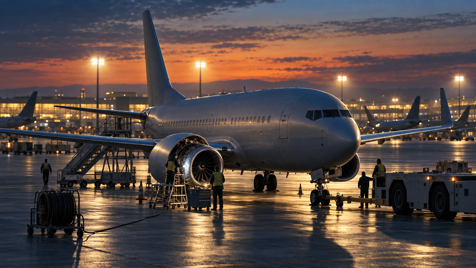 A gray, unbranded narrow-body jet on a dusk airport tarmac with its engine cowling open under inspection lighting, ground crew and equipment nearby, and hazy silhouettes of additional aircraft and a terminal glowing in the background.