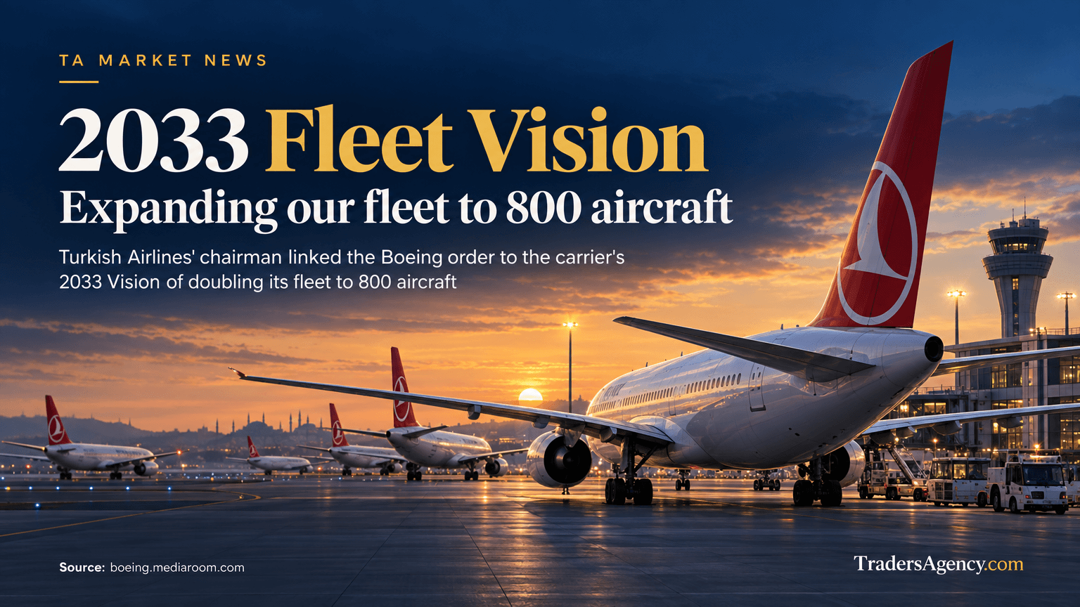 Turkish Airlines jets at dusk representing the carrier's plan to expand its fleet to 800 aircraft by 2033