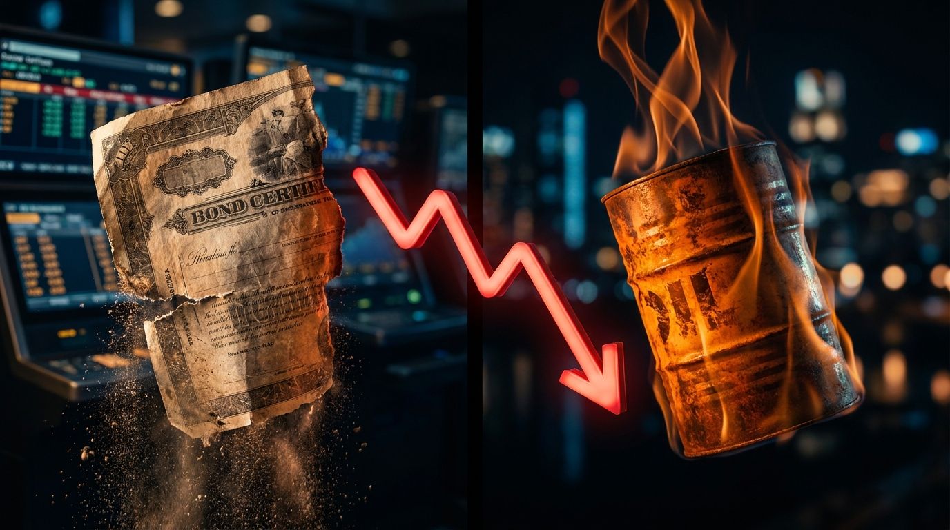 A dramatic split-screen composition showing a crumbling bond certificate or treasury note on one side and a surging oil barrel with upward-trending flames on the other, set against a dark, tension-filled financial backdrop.