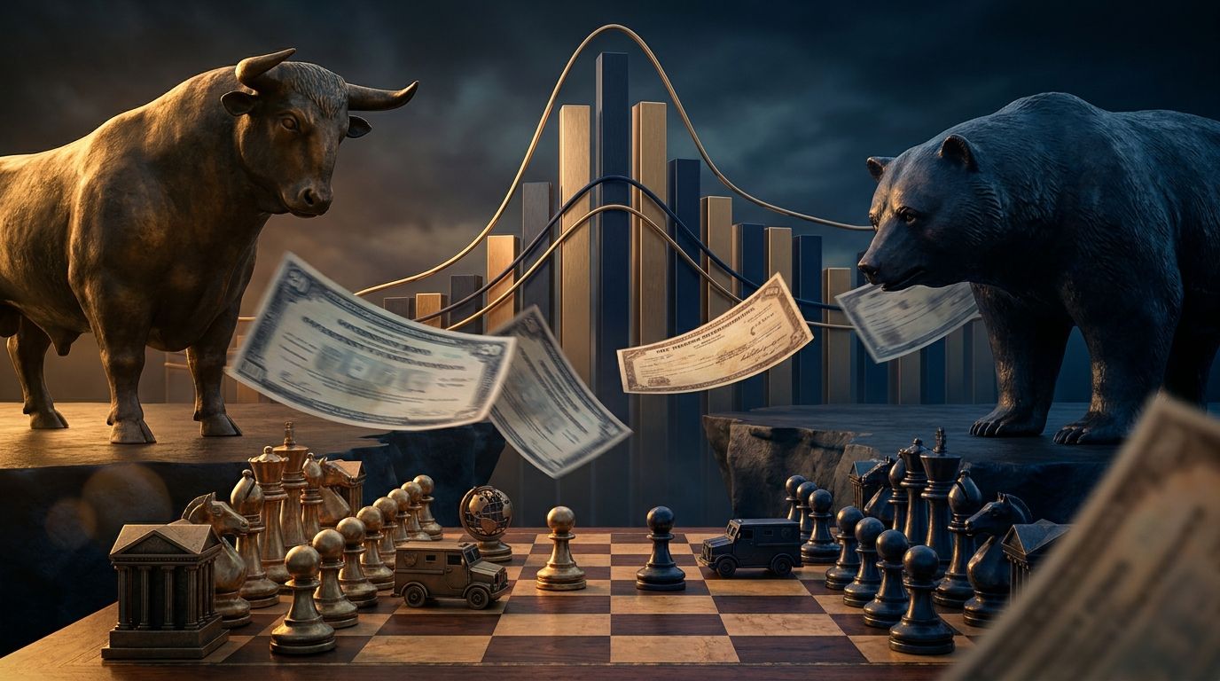 A dramatic split-screen visual showing two powerful figures facing opposite directions across a chasm, with giant bond certificates and Treasury documents swirling between them like a financial storm.