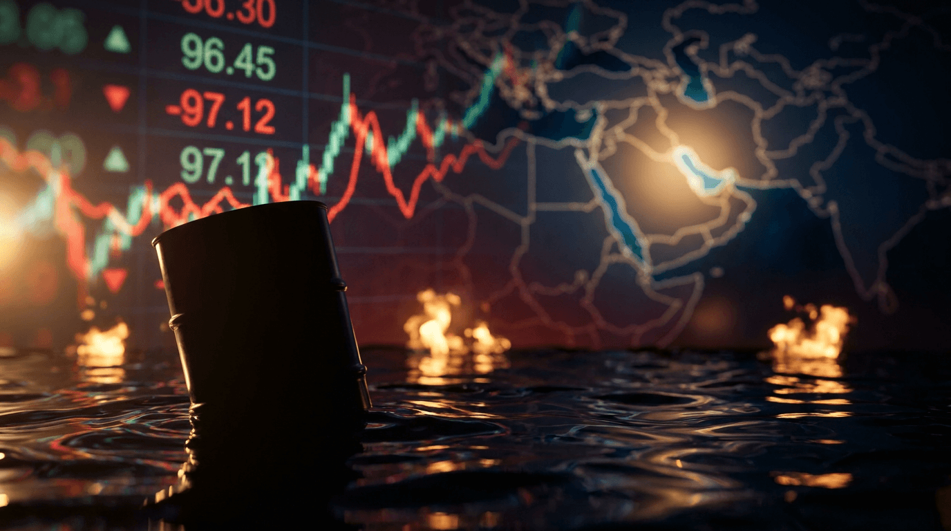 A dramatic close-up of a crude oil price ticker display glowing in red and green, showing volatile upward-spiking numbers near "$96," set against a dark backdrop with a subtle world map highlighting the Middle East and Strait of Hormuz.