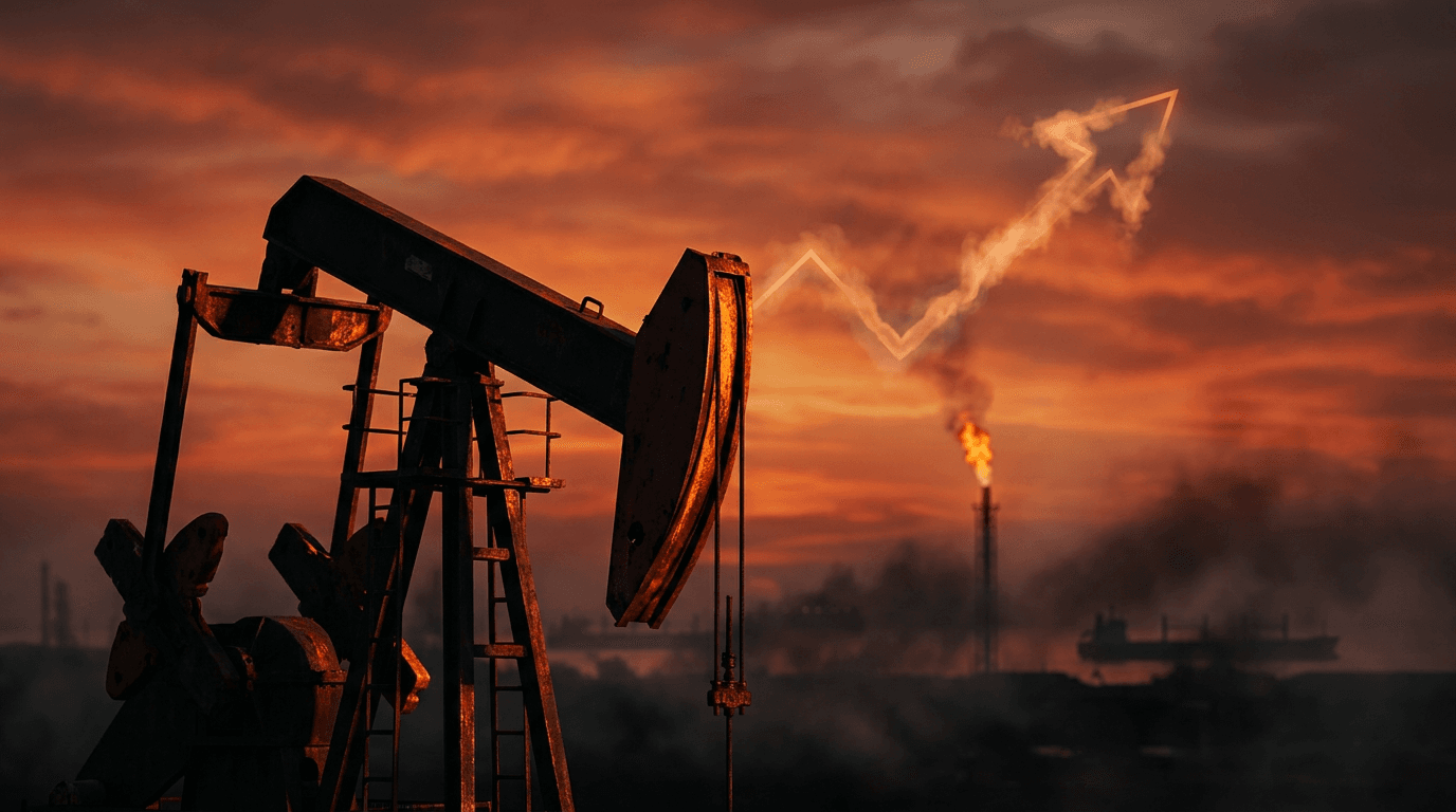 A dramatic close-up of a crude oil barrel or oil pump silhouetted against a fiery orange-red sky, evoking Middle East conflict and rising prices.