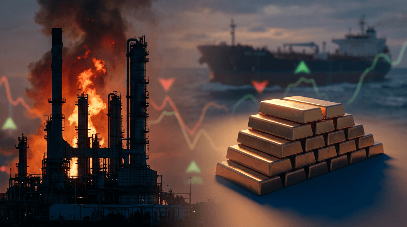 A split-composition image contrasting a stark oil refinery silhouette engulfed in orange flames and smoke on one side with a gleaming stack of gold bars on the other, both bathed in dramatic warm lighting that suggests urgency and volatilit