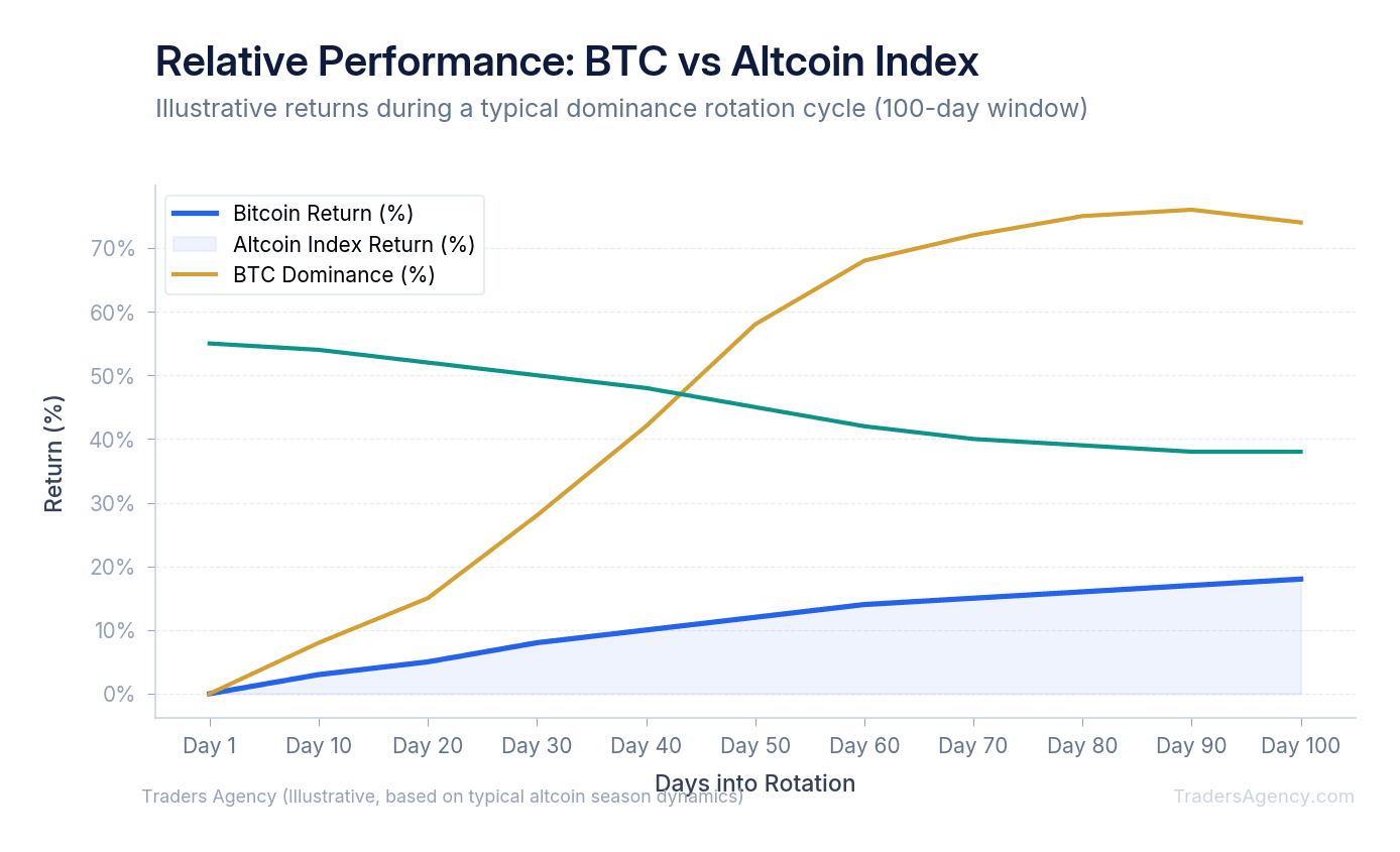 Multi-line chart comparing Bitcoin returns to altcoin index returns during periods of falling BTC dominance, showing altcoins outperforming by 2-4x