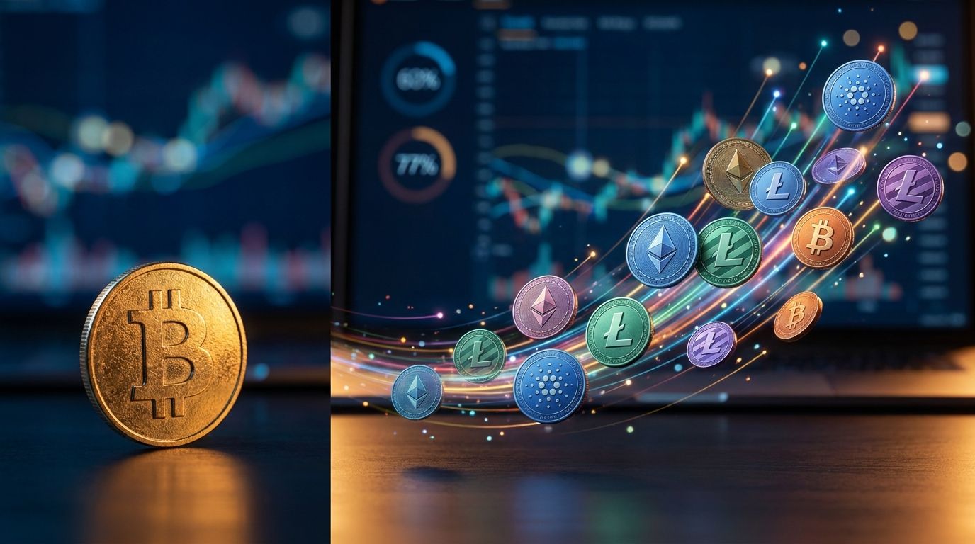 A split composition showing a large, dominant Bitcoin symbol on one side gradually shrinking while a cluster of colorful smaller cryptocurrency coins surge upward on the other side, visualizing the capital rotation concept.