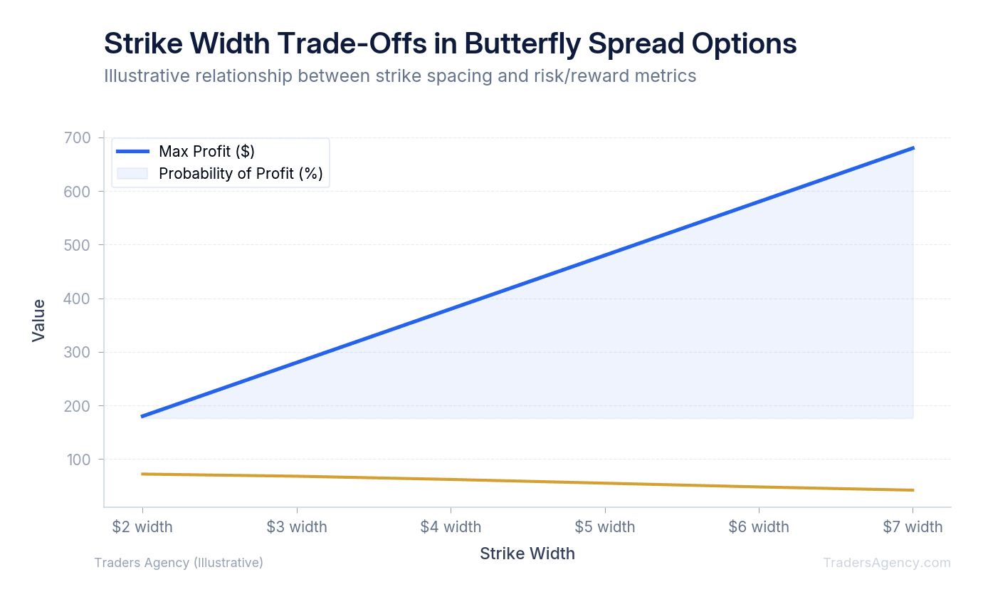 Line chart showing how max profit and probability of profit change as the distance between strikes widens