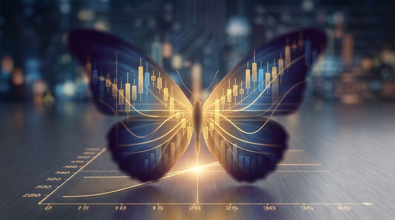 A striking butterfly with symmetrical wings spread wide, where each wing is composed of layered, translucent stock chart candlesticks and options payoff curves that mirror each other perfectly.