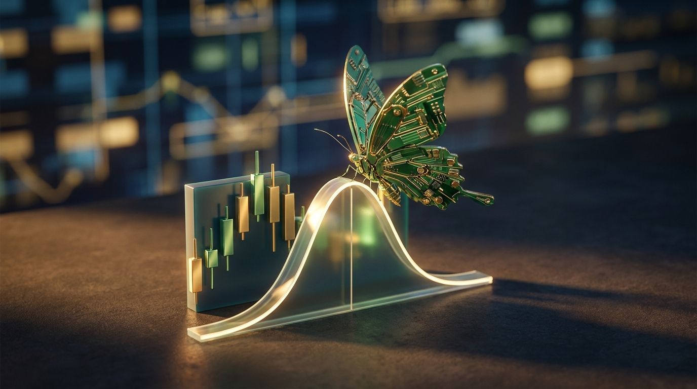 A symmetrical butterfly with wings spread wide, rendered in financial chart colors like green and gold, positioned directly above a stock price candlestick chart showing a tight, flat trading range.