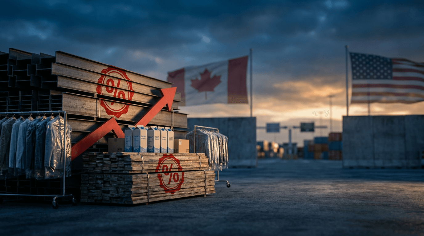A stark visual split of the Canada-U.S. border rendered as a customs checkpoint, with stacks of steel beams, lumber, dairy cartons, and clothing racks piled on the Canadian side, each bearing a bold red percentage stamp (50%, 25%, 15%) like