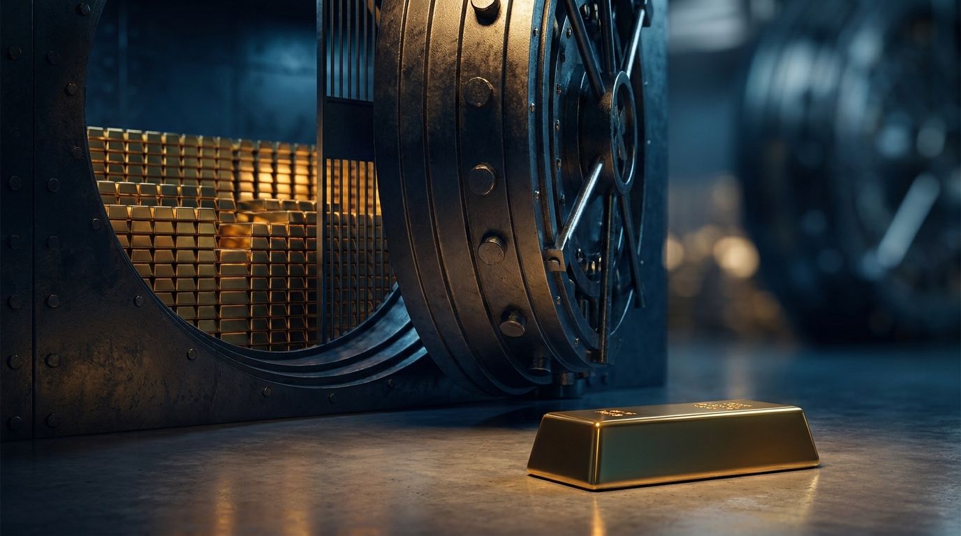 A imposing central bank vault door, partially open, revealing stacks of gleaming gold bars stretching deep into a dimly lit chamber.