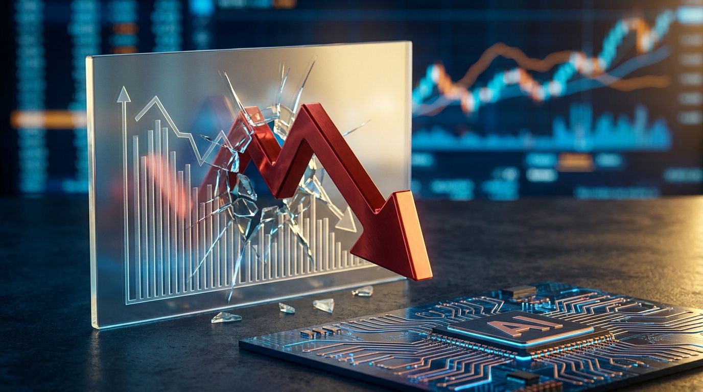 A dramatic downward-pointing red arrow dominates the frame, crashing through a stylized stock chart with a sharp cliff-like drop, set against a dark financial dashboard background with glowing data lines.