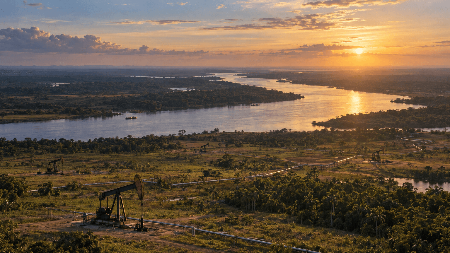 Aerial view of a river winding through the Orinoco Belt basin with scattered oil wellheads and pipelines under a hazy golden sky.