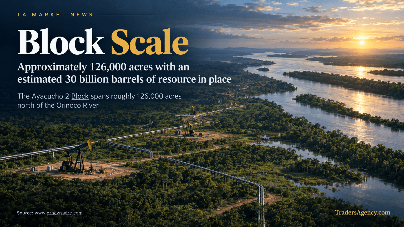 Aerial-style view of an oil-producing river basin landscape with scattered wellheads and pipelines.