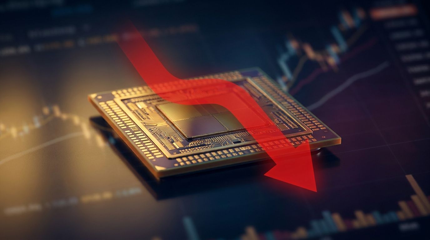 A dramatic close-up of a semiconductor microchip casting a sharp shadow, with a bold red downward arrow overlaid across it, symbolizing the bearish bet against the sector.