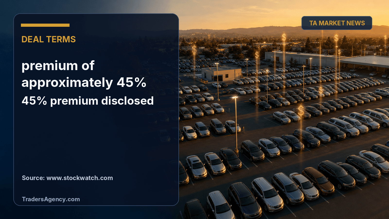 Editorial illustration of a used-vehicle lot glowing with golden light, symbolizing the premium Copart is paying to acquire ACV Auctions.