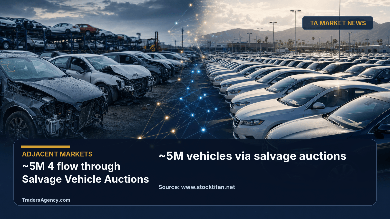 Split illustration contrasting a small salvage vehicle auction yard with a much larger dealer wholesale car lot connected by a digital network, representing the two adjacent markets Copart and ACV serve.