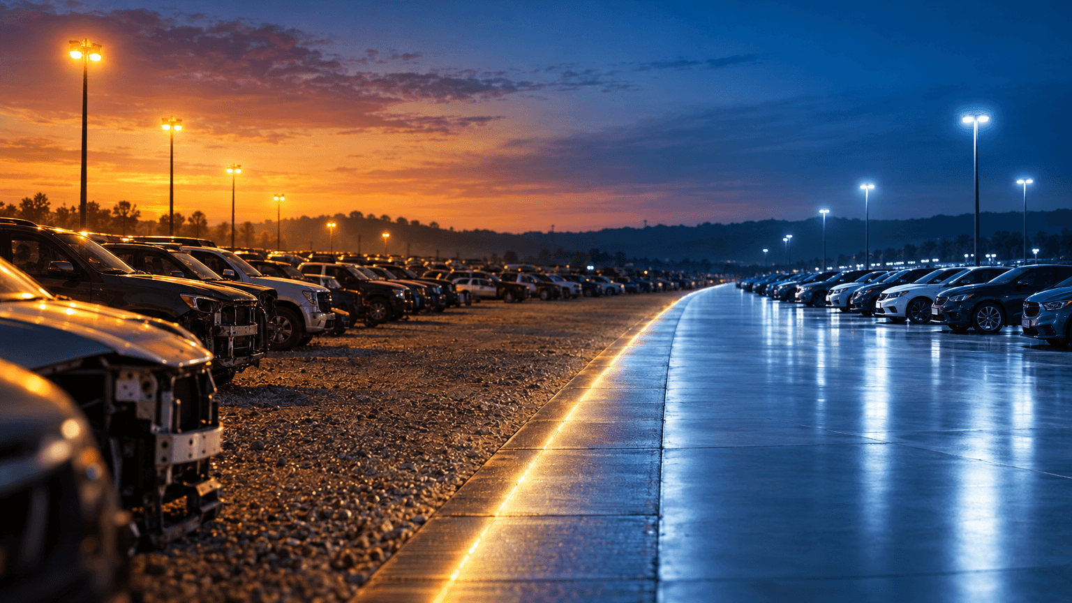 A wide vehicle storage yard split between warm amber-lit gravel rows of vehicles and a cool blue polished concrete section, meeting along a diagonal illuminated seam under a dusk sky.