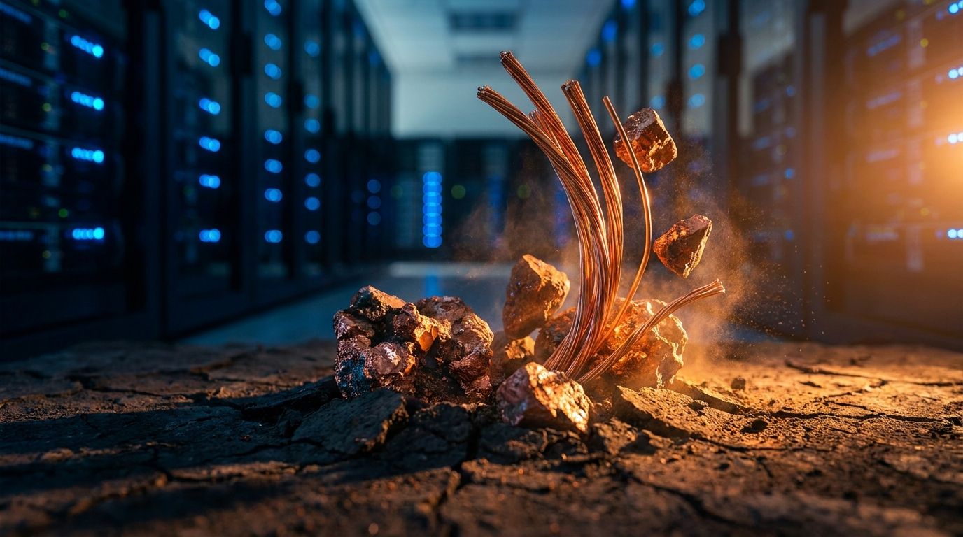 A dramatic close-up of raw copper ore or gleaming copper pipes/wiring emerging from dark earth, bathed in warm orange and amber tones that evoke both the metal's distinctive color and a sense of rising heat and momentum.