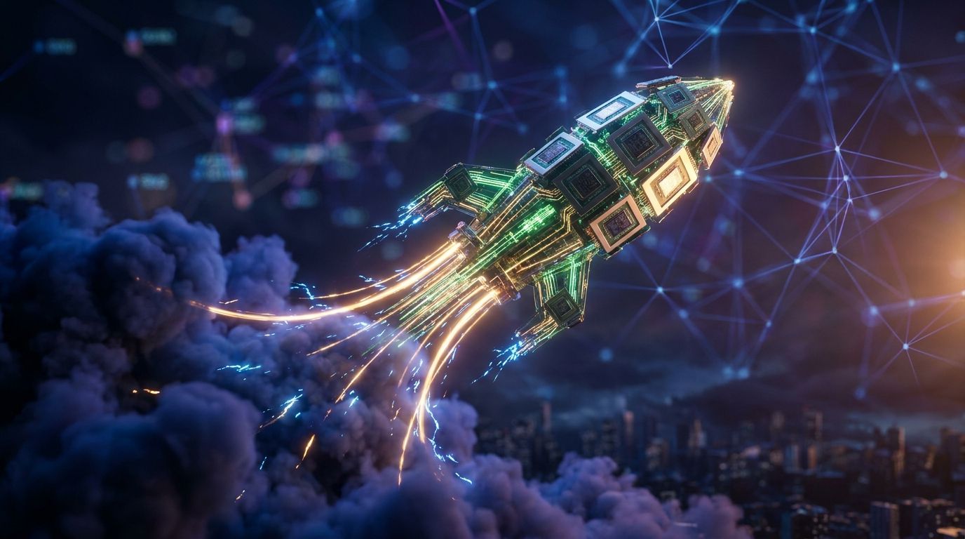 A dramatic upward-trending rocket or arrow made of glowing GPU chips and circuit board patterns, bursting through a dark cloud layer into a bright, electric sky filled with data streams and neural network nodes.